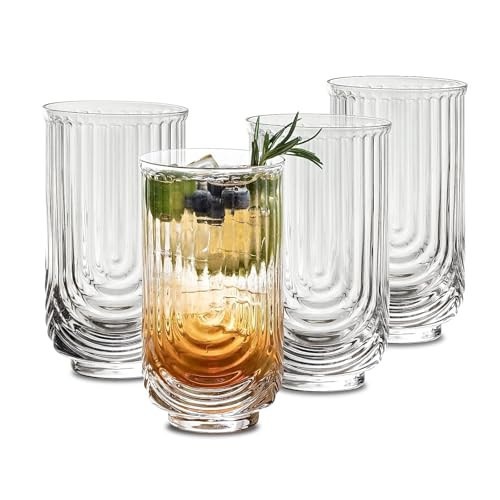 INSETLAN Vintage Glassware Arch Design Glass cups Set of 4, Fashioned Ripple Glassware Highball Glass, Classic Transparent Cocktail Glasses, for Bar Beverages Ice Coffee Juice Water (4pcs-L) | Amazon (US)