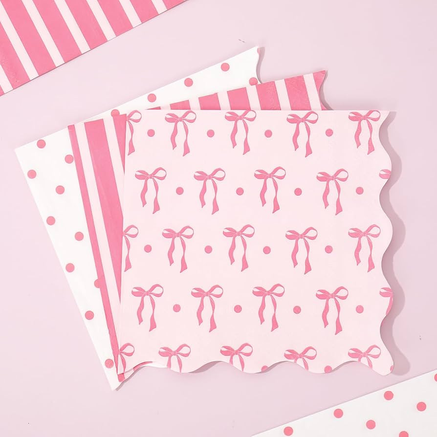 75 Pcs Pink Bow Scalloped Paper Napkins Coquette Bow Striped Dots Disposable Napkins Preppy Trend... | Amazon (US)
