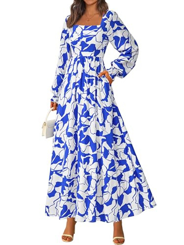 PRETTYGARDEN Women Floral Maxi Dresses 2026 Spring Long Sleeve Square Neck Boho A Line Wedding Guest Casual Flowy Long Dress(White Blue Flower,Large) | Amazon (US)