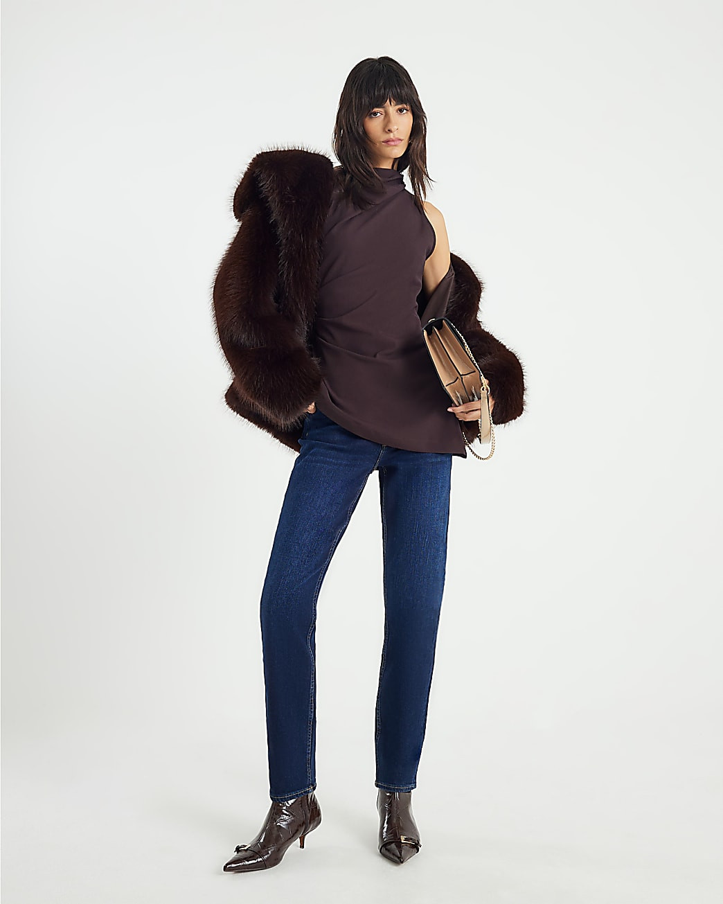 Brown High Neck Asymmetric Peplum Top | River Island UK & IE