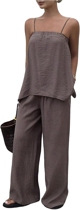 Verdusa Women's 2 Piece Linen Sets Flowy Cami Tops with Wide Leg Pants Boho Vacation Outfits | Amazon (US)