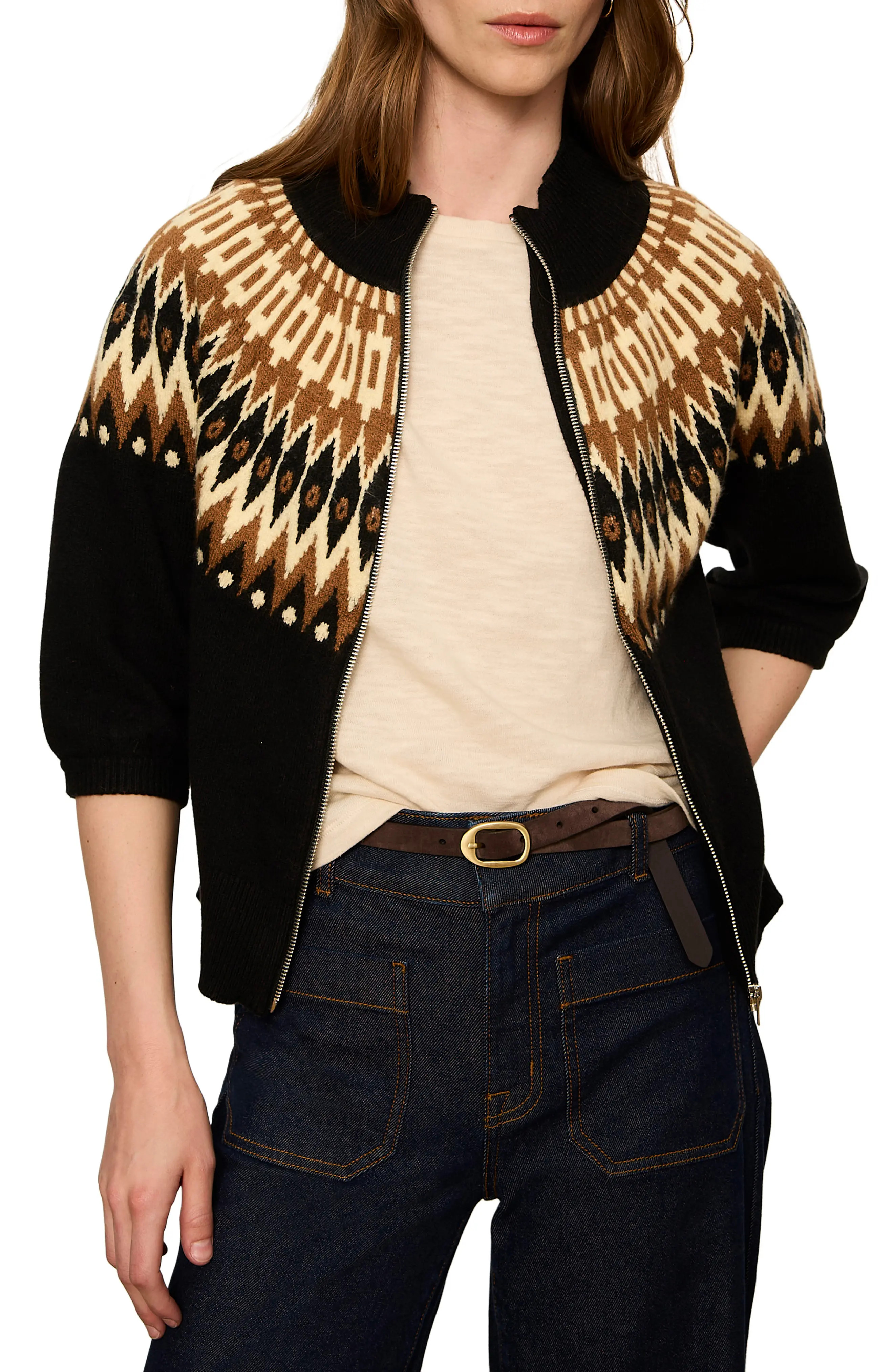 Sanctuary Fair Isle Front Zip Cotton Blend Cardigan in Poconos Fairisle at Nordstrom, Size Xx-Large | Nordstrom