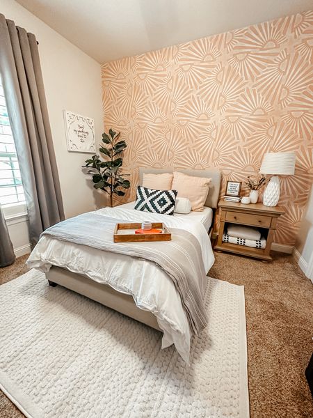 Guest bedroom. Peel and stick wallpaper. Wallpaper. Bedroom. Upholstered bed. Bedroom decor. Fig tree. Neutral rug  

#LTKfindsunder50 #LTKhome #LTKstyletip