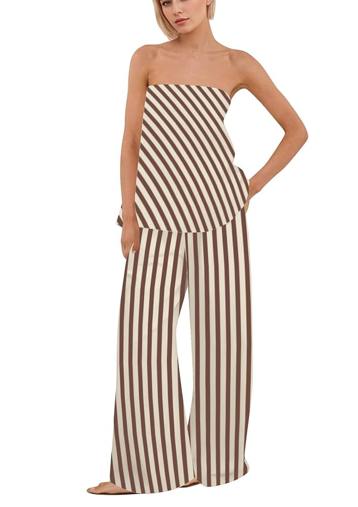 Women Polka Dot 2 Piece Outfits Spot Strapless Tube Top High Waist Wide Leg Pants Lounge Set Summ... | Amazon (US)