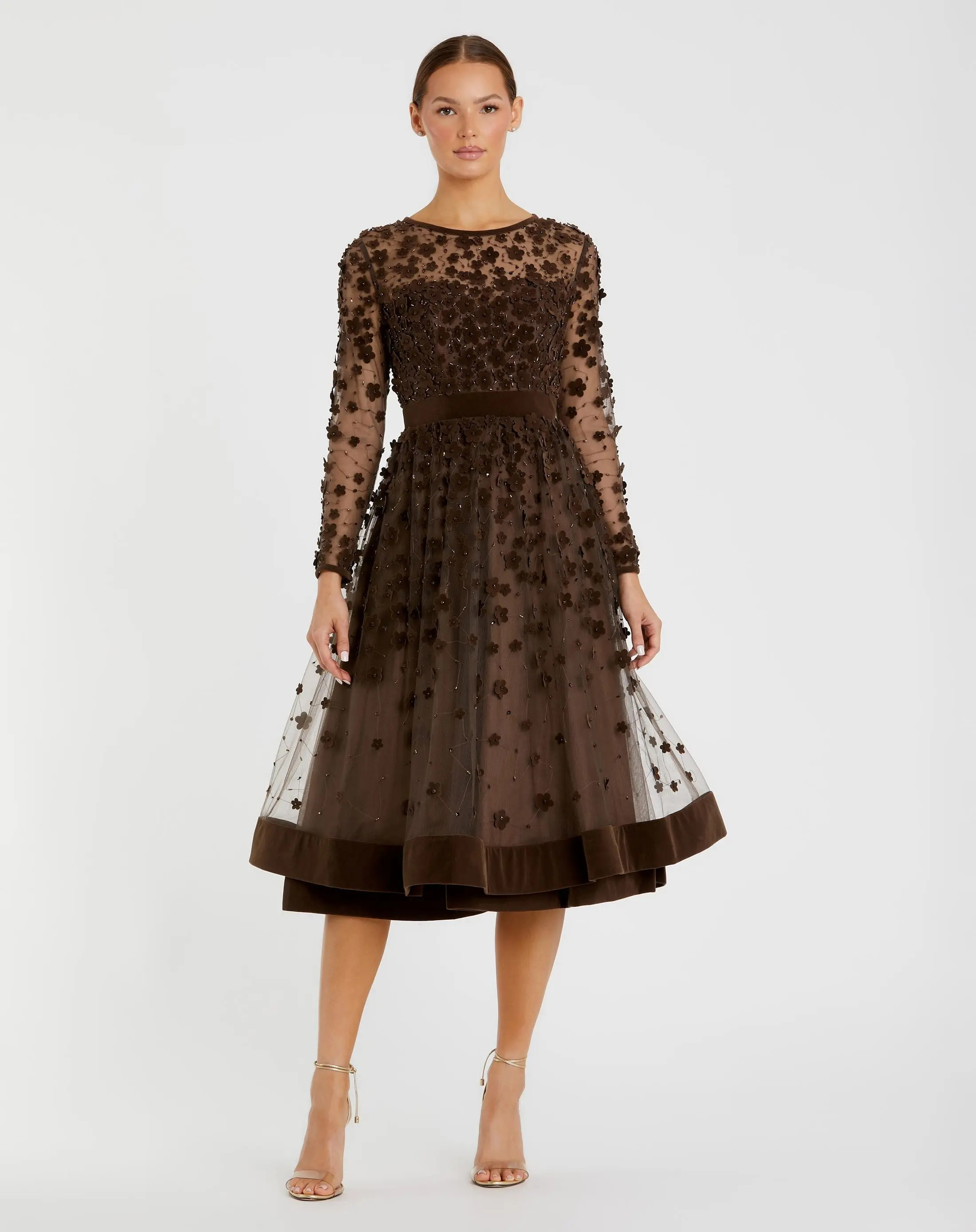 Brown Velvet Embellished Illusion Long Sleeve A-Line Midi Dress | Mac Duggal | Mac Duggal
