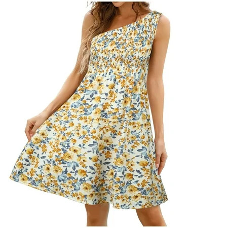 DOLKFU Sleeveless Dresses For Women Casual Summer High Waist One Shoulder Smocked Mini Dress Loose F | Walmart (US)