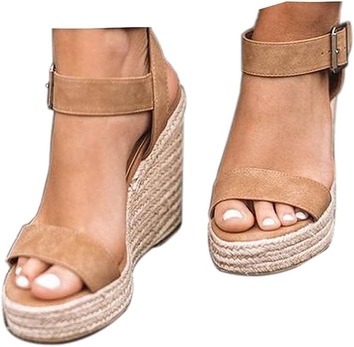 Women'S Wedge Sandals Platform, Ankle Strap Wedge Sandals Open Toe Casual Summer Straw Woven Clas... | Amazon (US)