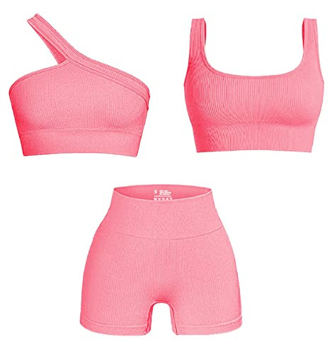 Workout Sets for Women, Cut Seamless Crop Tank Leggings Matching Sets 2 Pieces Outfits, Sexy Two Piece Workout Outfits 3 Pieces(Pink-L) | Amazon (US)
