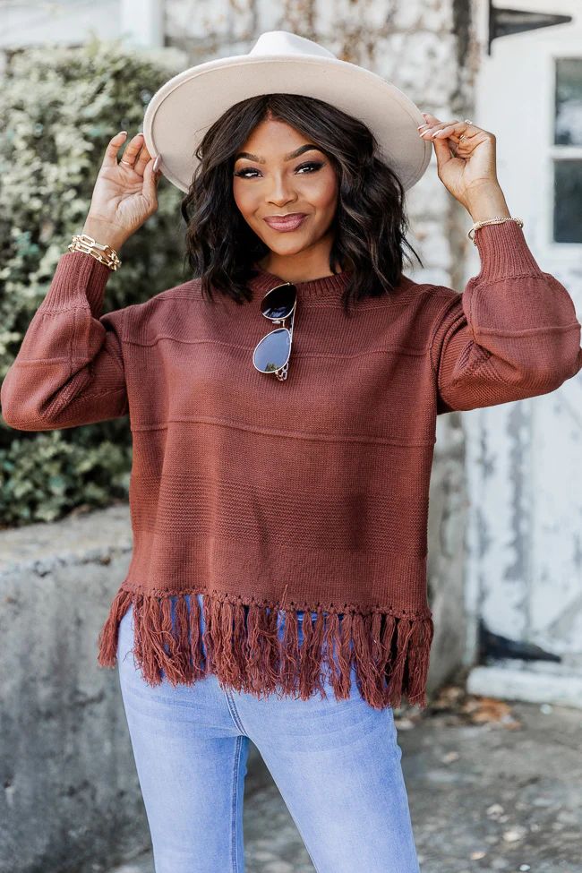 Haute Take Brown Fringe Sweater | Pink Lily