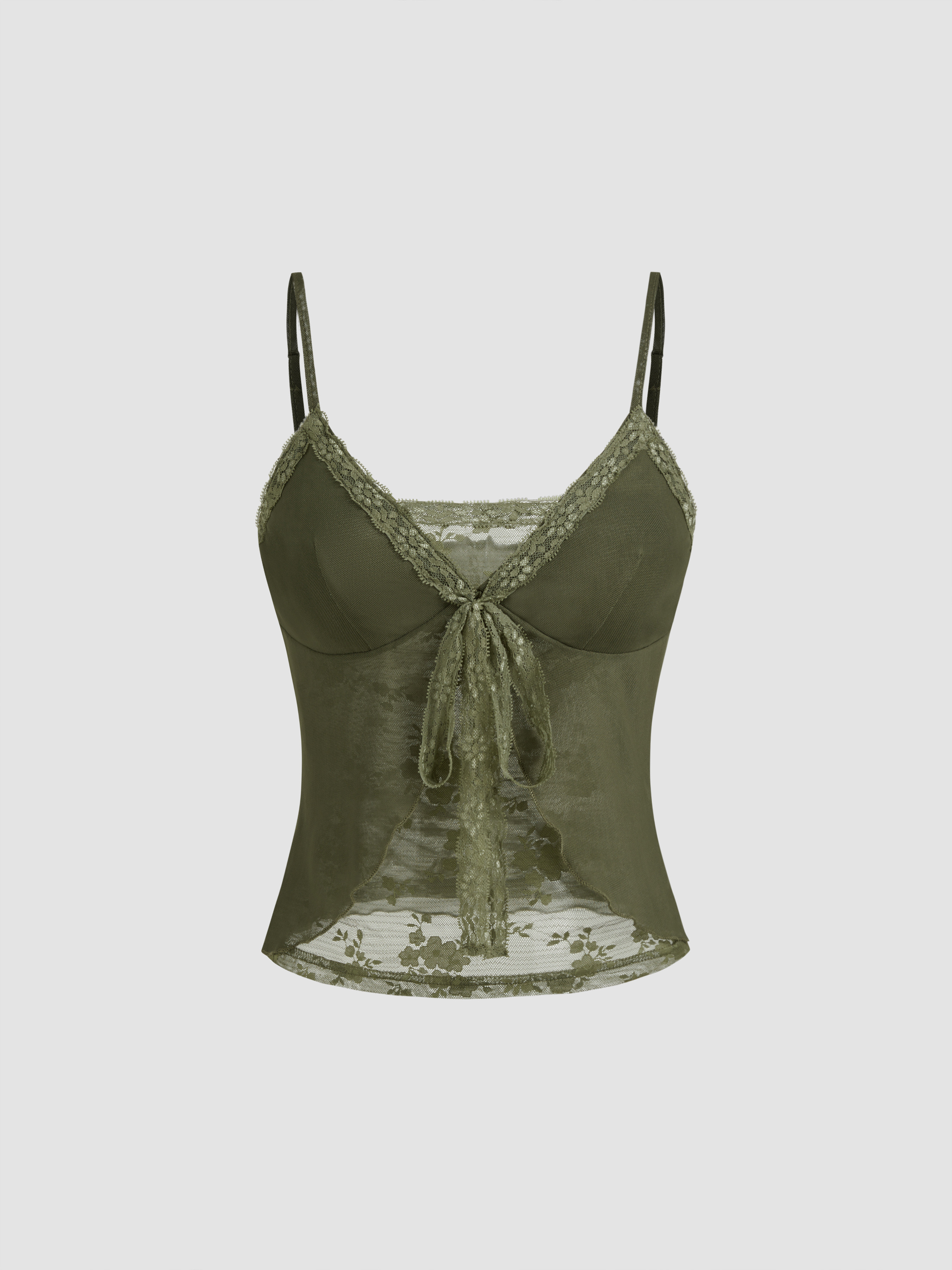 Knit Fabric V-neck Lace Knotted Cami Top For Date Vacation | Cider