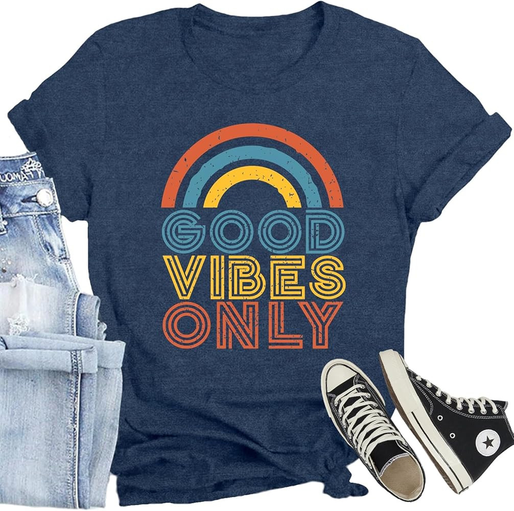 Positive Vibe Quote Shirts Women Vintage Rainbow Good Vibe Only T-Shirt Casual Inspirational Tee ... | Amazon (US)