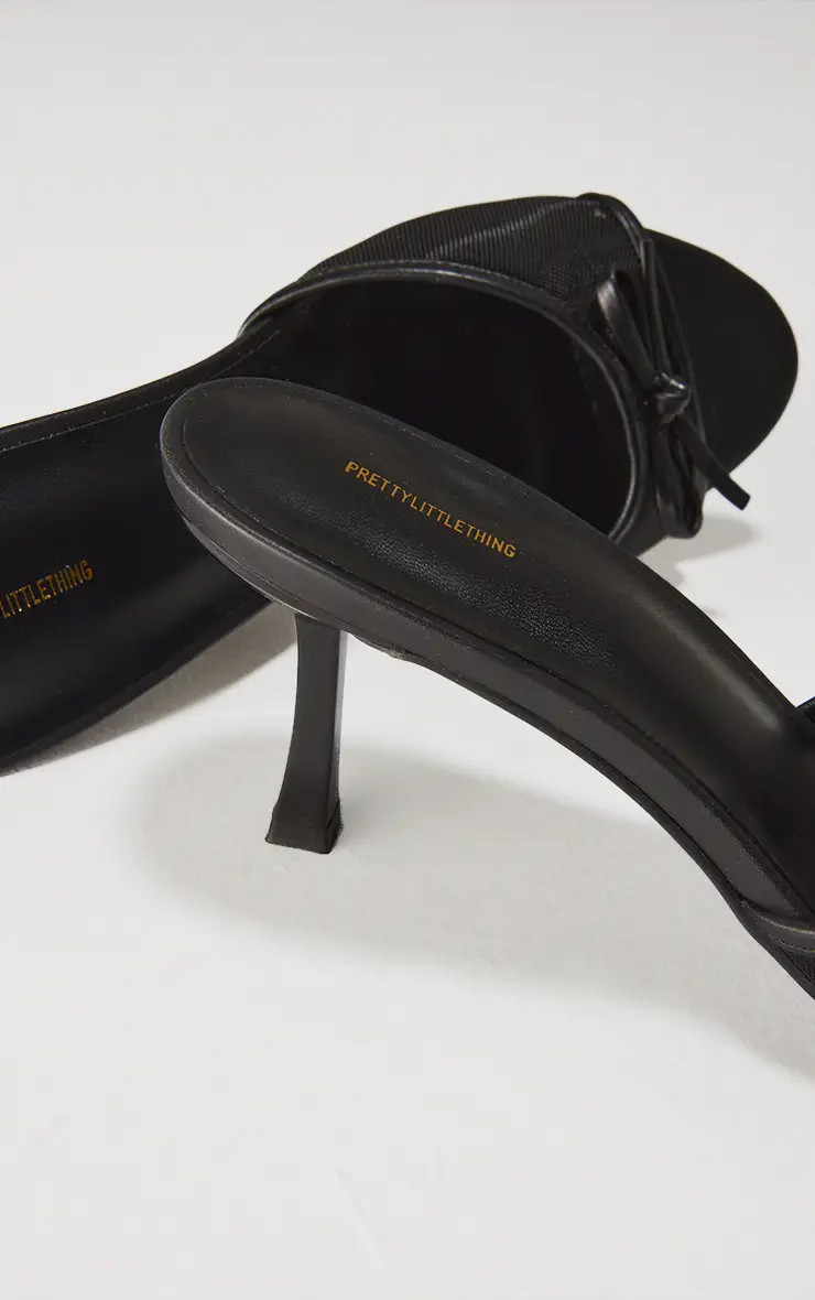 Black Mesh Round Toe Bow Strap Mid Heeled Mules | PrettyLittleThing | PrettyLittleThing UK