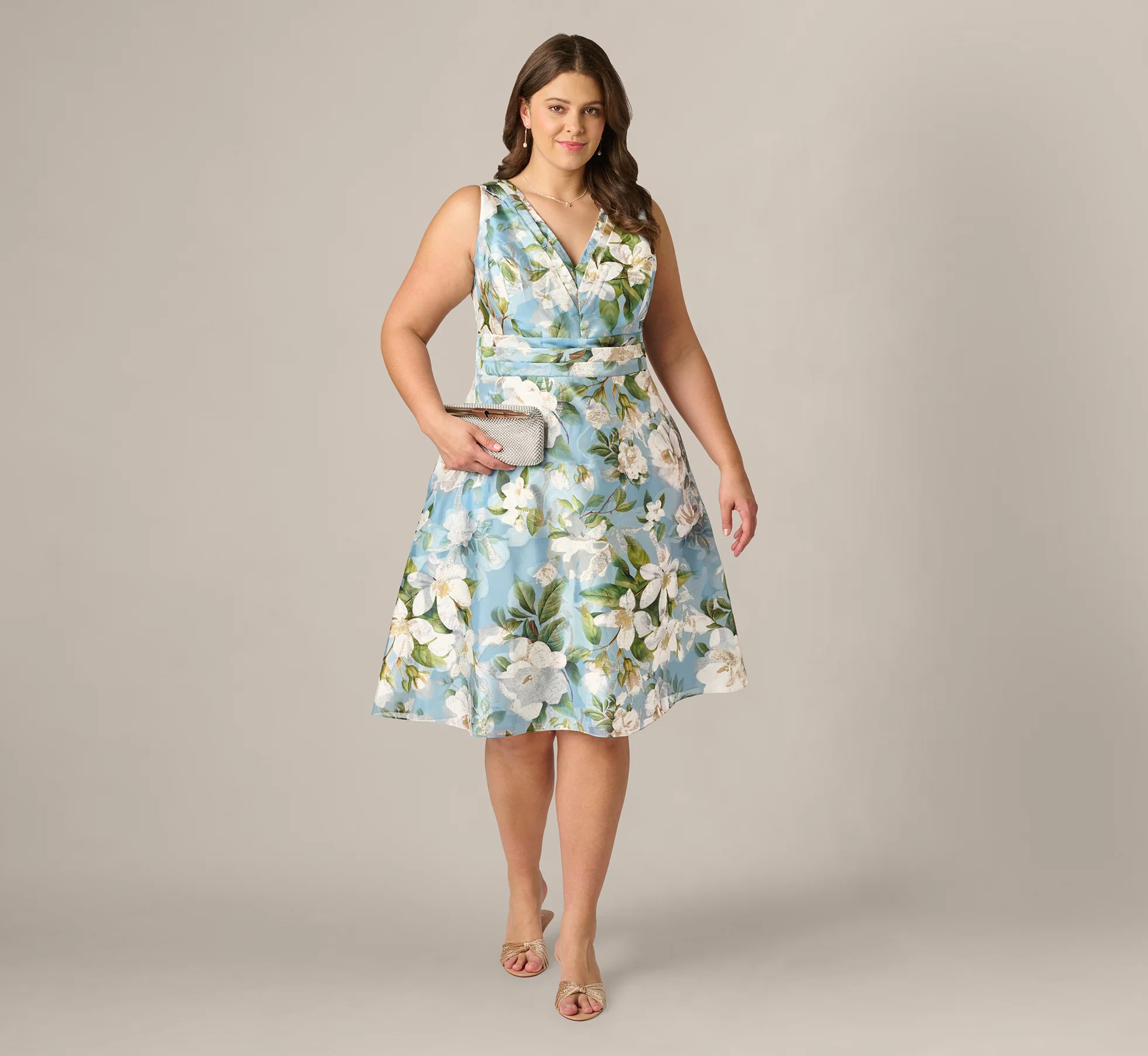 Multi Colored Plus Size Magnolia Floral Jacquard A Line Midi Dress - Adrianna Papell | Adrianna Papell