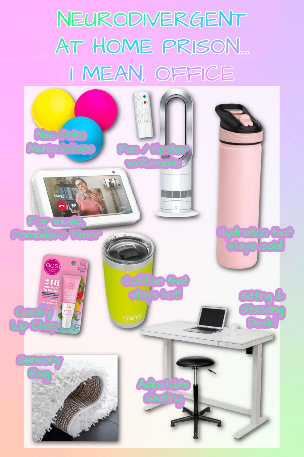 All the things you need to sit on your butt, focus, and not have any excuse to get up, or get distracted! You’re welcome😂! PS- Keep in mind that these are my EXACT products, but you can do the same idea/concept with other brands or budget🥰😘! 

#neurodivergent #adhd #homeoffice #workfromhome 

#LTKFind #LTKhome #LTKfamily