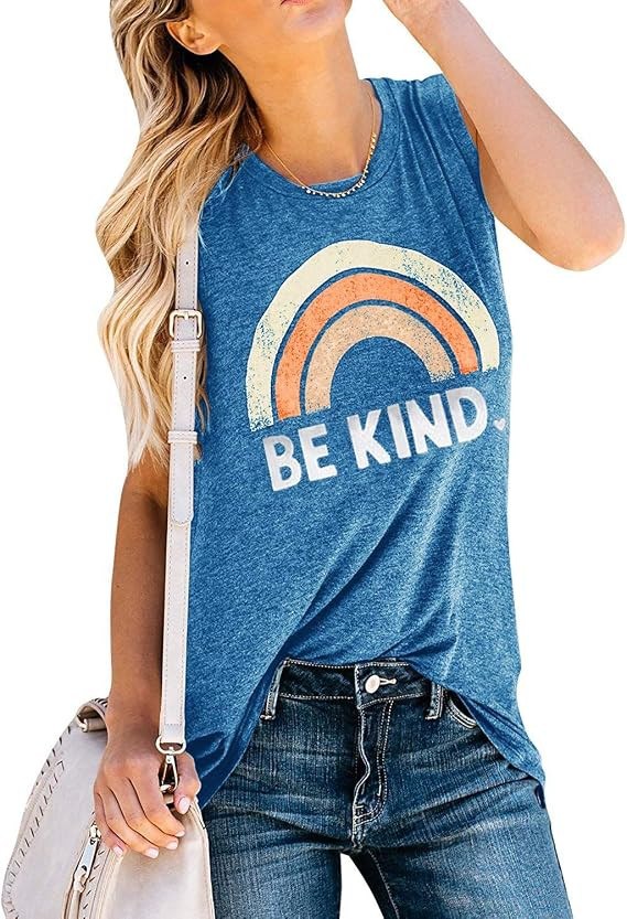 IRISGOD Womens Be Kind Tank Tops Casual Short Sleeve Rainbow Inspirational Graphic Tees Tops | Amazon (US)