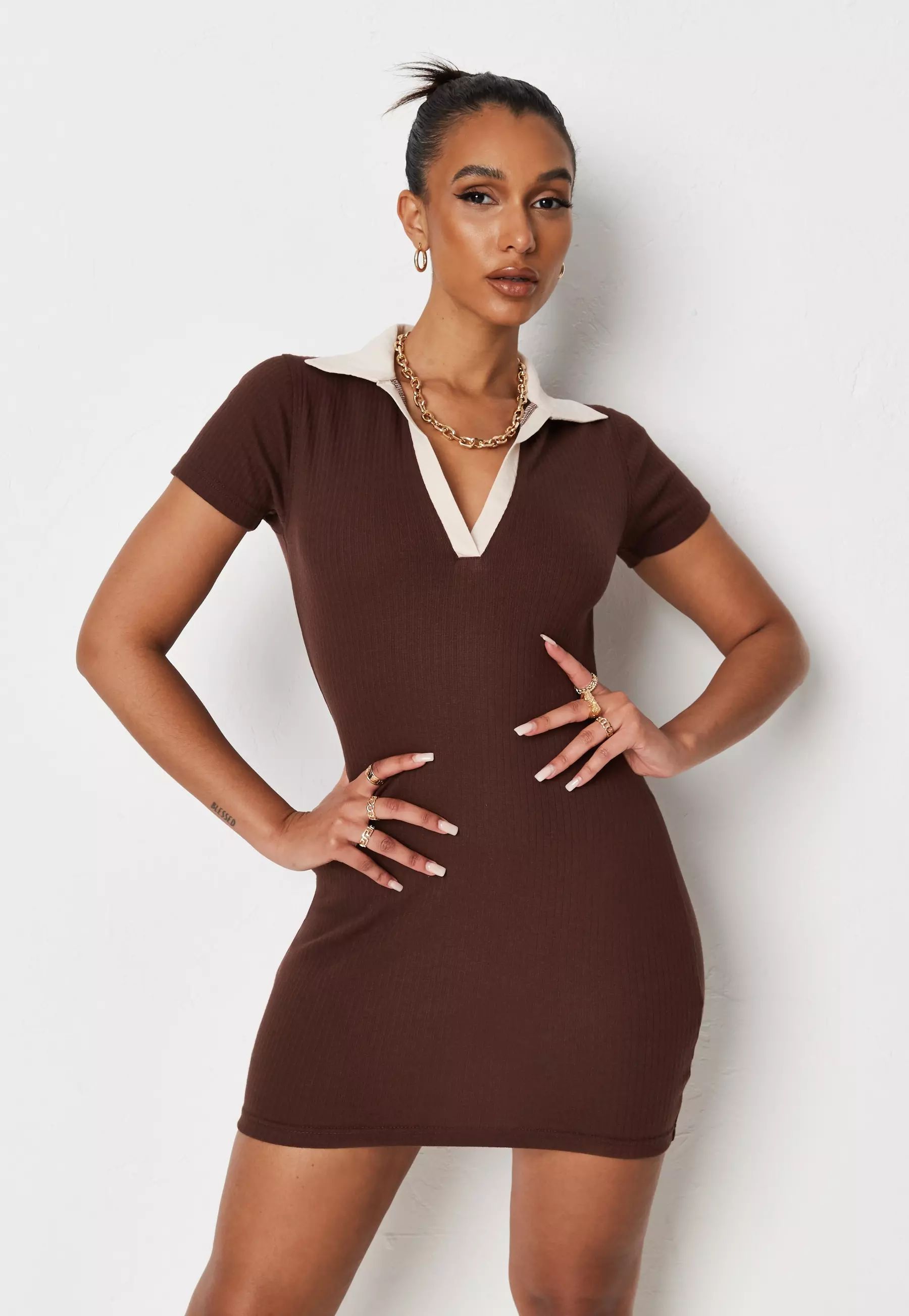 Jordan Lipscombe x Missguided Chocolate Rib Polo Neck Mini Dress | Missguided (US & CA)