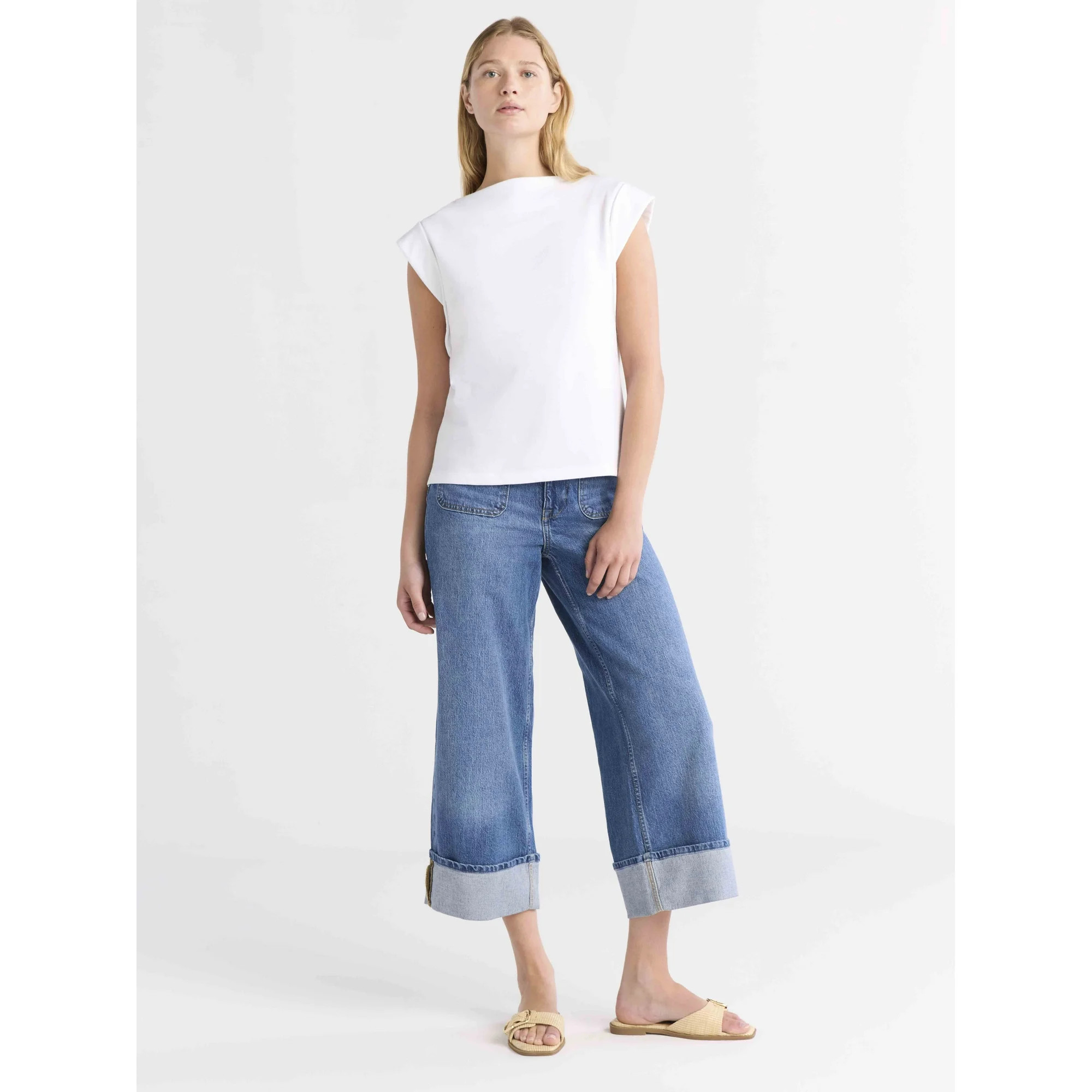 Free Assembly Women's Cotton Boatneck Tee with Wide Cap Sleeves, Sizes XS-XXL | Walmart (US)