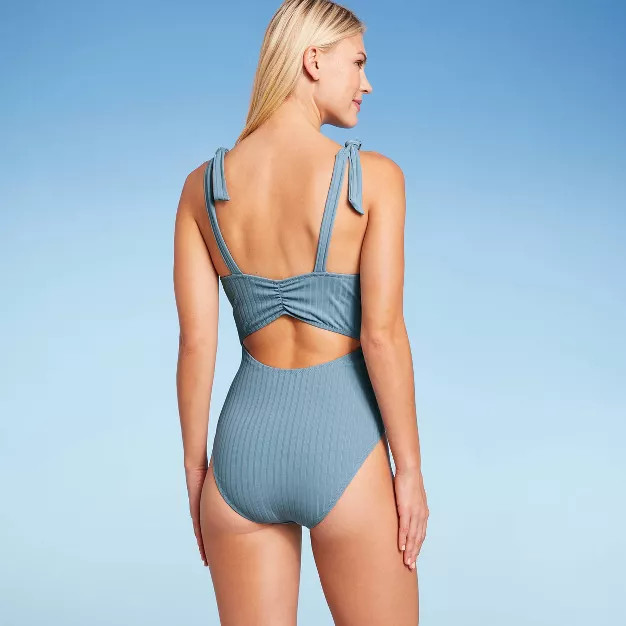 Women's Plunge Front Shoulder Tie Ribbed One Piece Swimsuit - Shade & Shore™ | Target