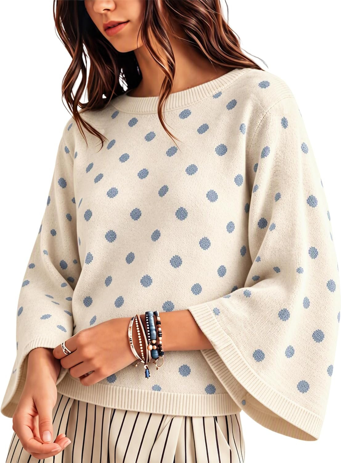 Yeokou Women's Polka Dot Button 3/4 Flare Sleeve Knit Sweater | Amazon (US)
