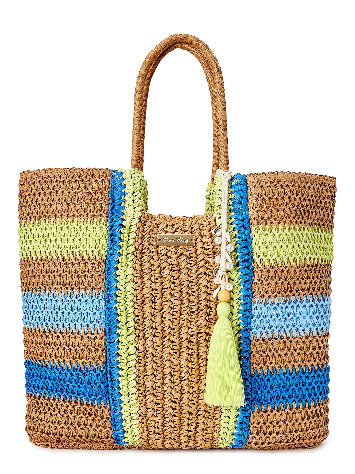 Time and Tru Women's Raffia Bondi Tote Bag Adrenaline Lime Multi - Walmart.com | Walmart (US)