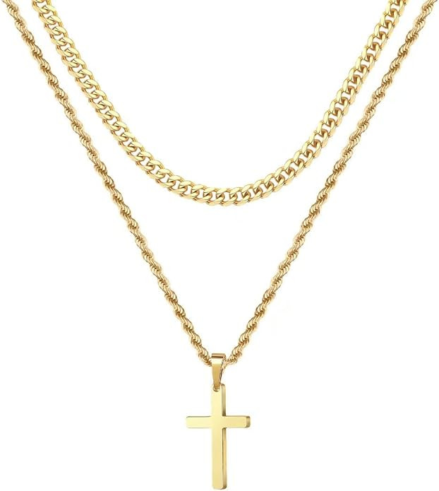 Ursteel Layered Cross Necklace for Men - 18K Gold Silver Black Stainless Steel Mens Cross Necklac... | Amazon (US)