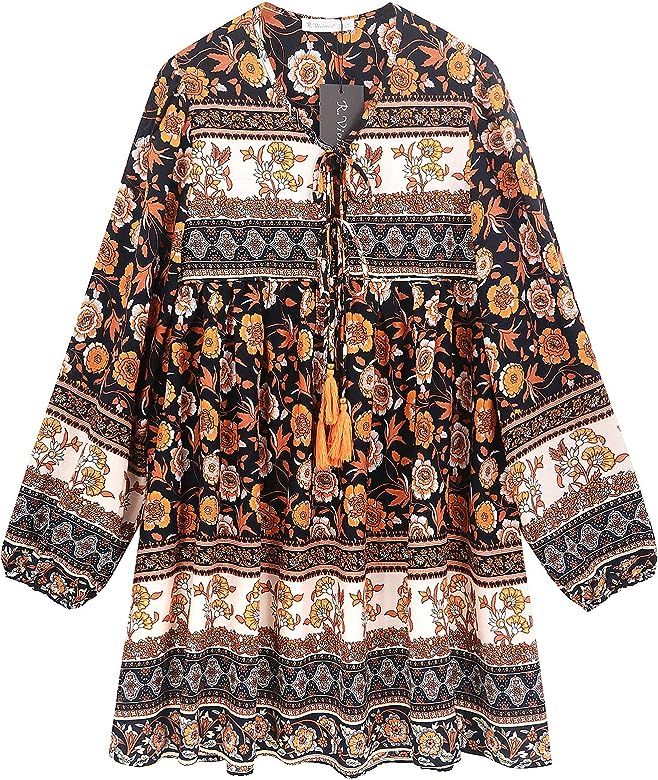 R.Vivimos Womens Long Sleeve Floral Casual Print Cotton Mini Tunic Dress | Amazon (US)