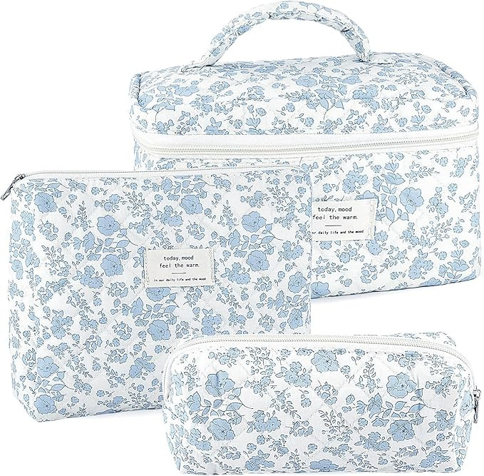 3Pcs Makeup Bag Quilted Cosmetic Bag Set Bow Travel Large Makeup Pouch for Women Cute Portable Co... | Amazon (US)