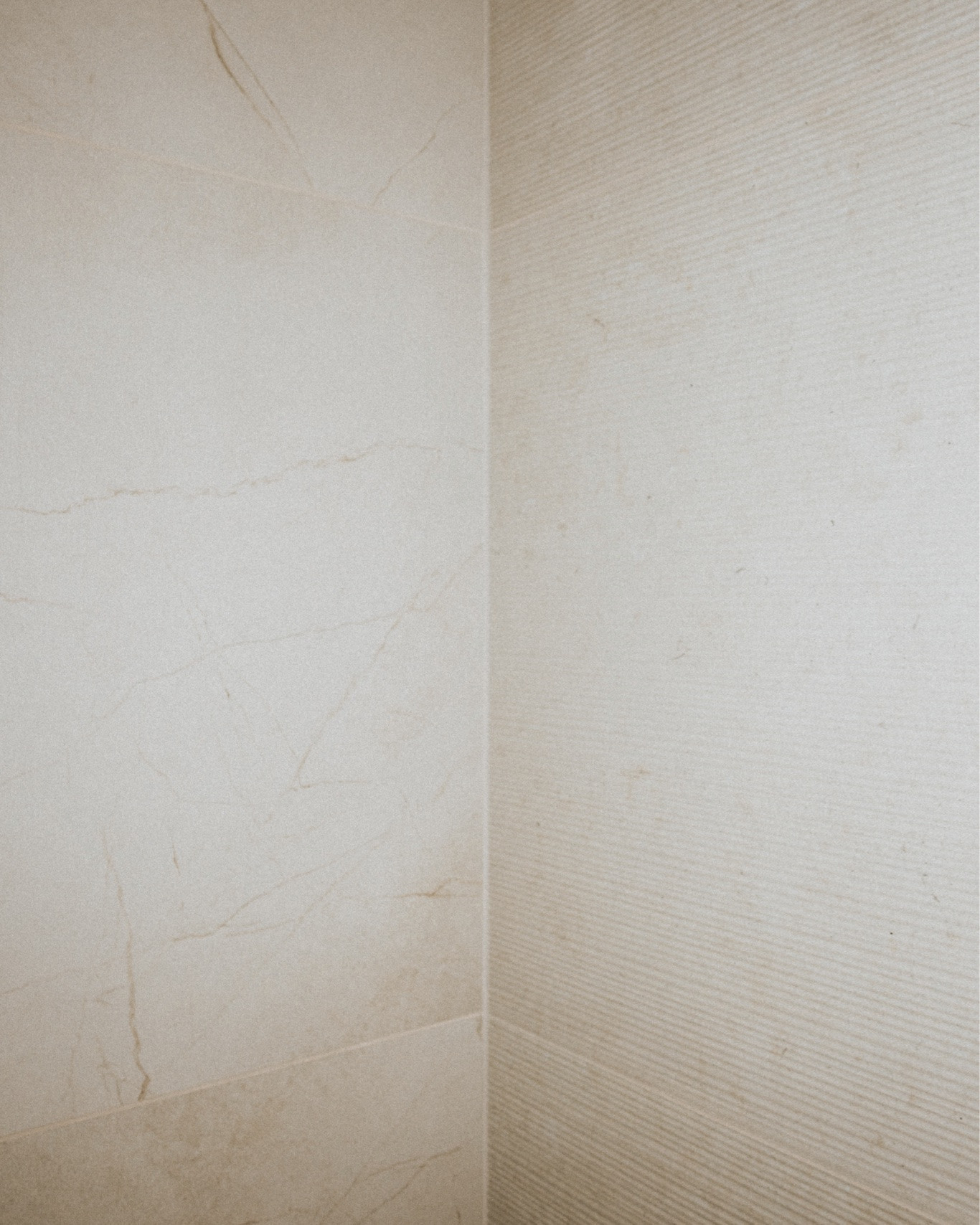 Tile & grout ☑️ done! 
Bedrosians Crema Marfil 24" x 48" Satin Porcelain Field Tile (on the left) paired with Bedrosians Thaddeus 24" x 48" Matte Porcelain Decorative Tile in Creme.
Floors: Bedrosians Thaddeus 24" x 48" Matte Porcelain Tile in Creme.
Grout: Laticrete marble beige #17
