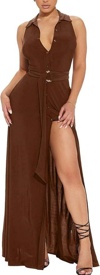 Women's Deep V Neck Long Dresses Sleeveless Collared Button Down High Split Cocktail Wedding Part... | Amazon (US)