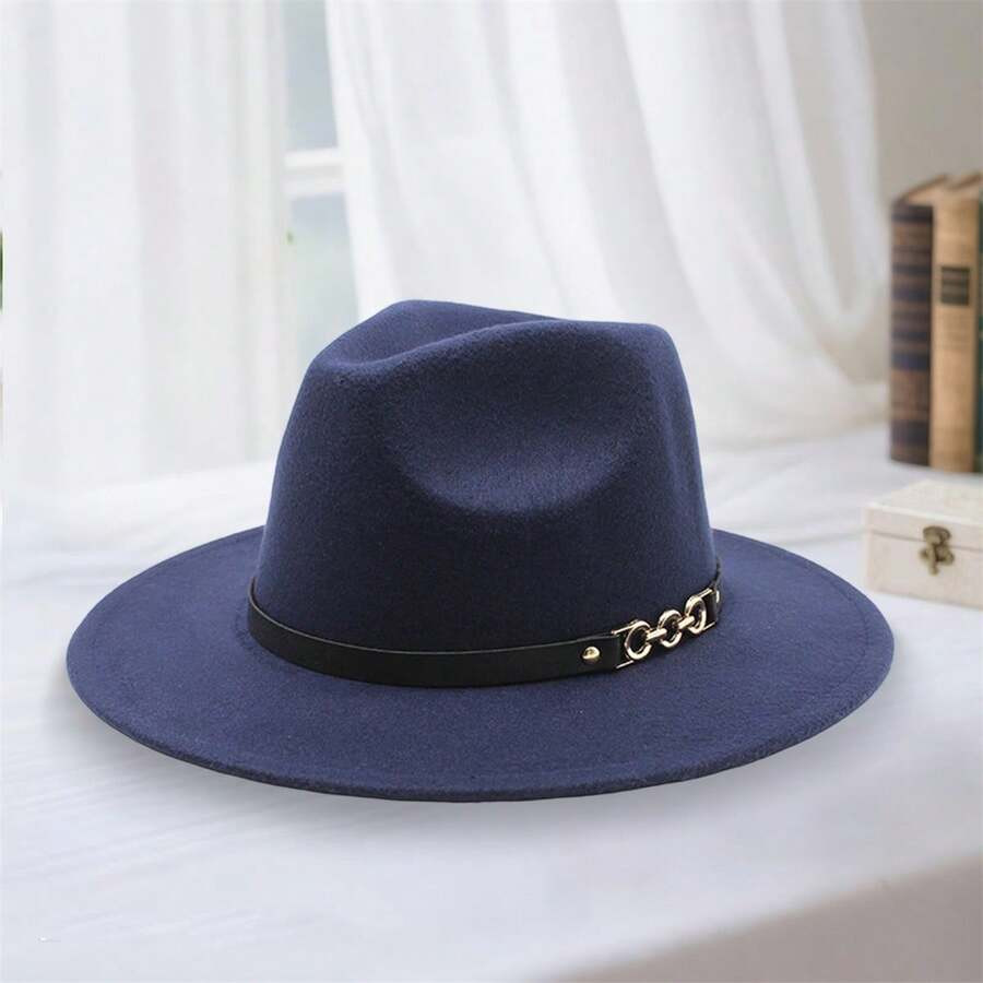 Wool Panama Hat For Men Women Chain Belt Wide Brim Fedora Caps British Style Jazz Hat For Daily P... | SHEIN
