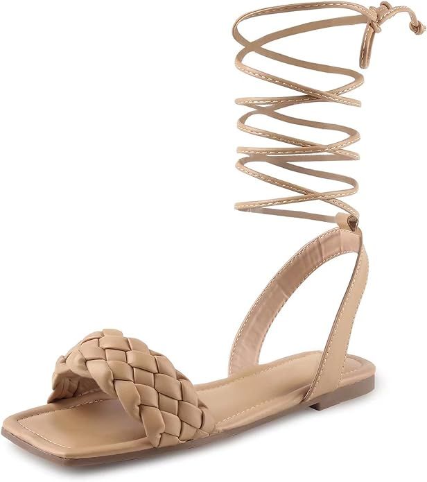 MUSSHOE Flat Sandals for Womn Square Toe Braided Rhinestone Summer Sandals | Amazon (US)