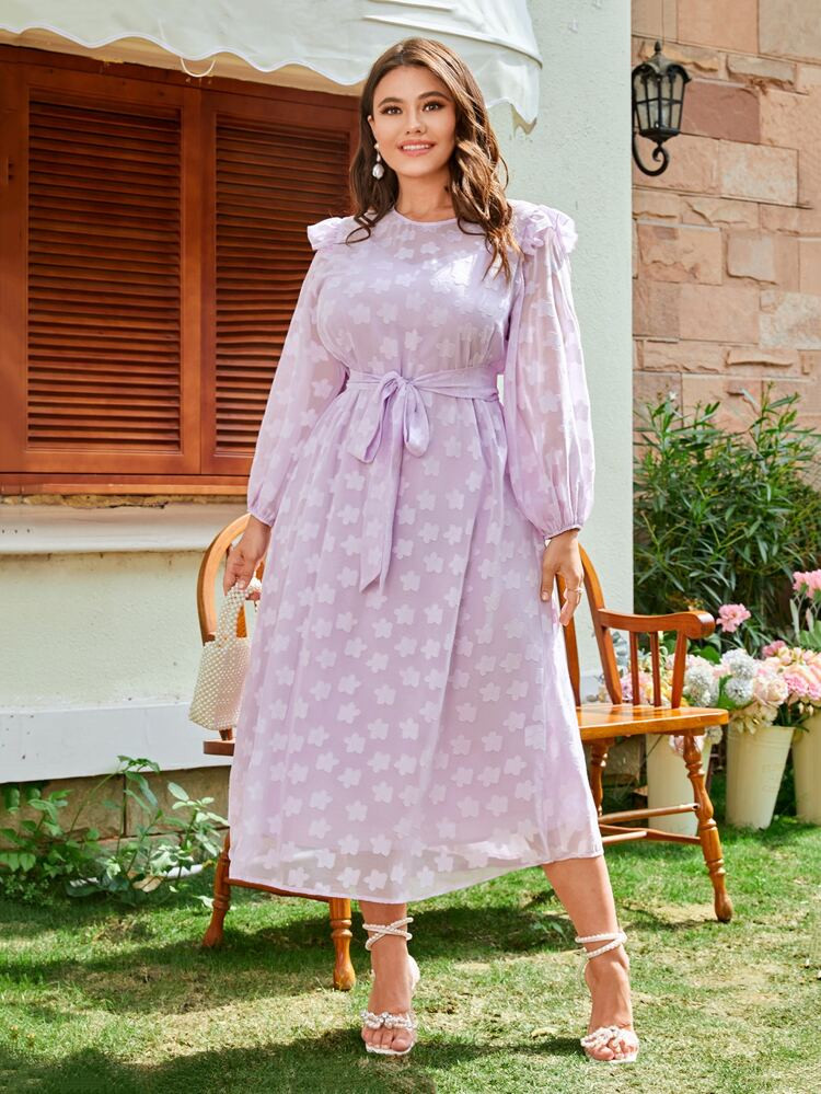 SHEIN Plus Floral Print Keyhole Back Belted Dress | SHEIN