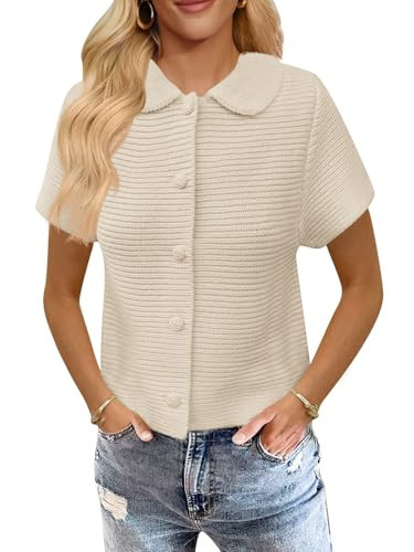 Saodimallsu Womens Short Sleeve Cropped Cardigans Casual Summer Button Down Collared Lightweight Loose Knit Sweater Top Beige | Amazon (US)