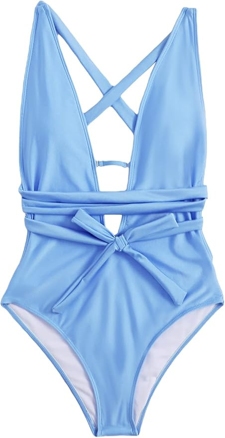 SweatyRocks Women's Sexy Basic Criss Cross Tie Knot Front Deep V Open Back One Piece Swimwear | Amazon (US)
