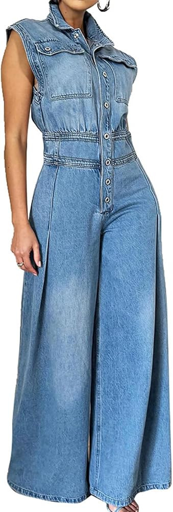 Women's Sleeveless Denim Jumpsuits High Waisted Wide Leg Jumpsuit Summer Jean Pants Rompers | Amazon (US)