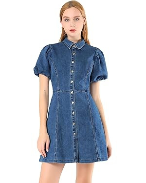 Allegra K Women's Puff Short Sleeve Collared Button Down Mini Jean Denim Dress with Pockets | Amazon (US)