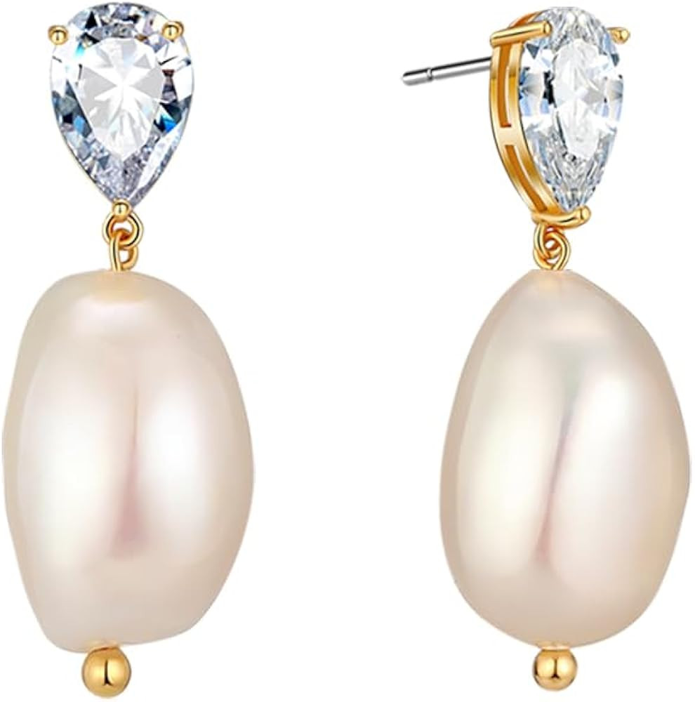 Pearl Drop Earrings Cubic Zirconia Simulated Diamond Earring Baroque Pearl Dangle Earrings for Br... | Amazon (US)