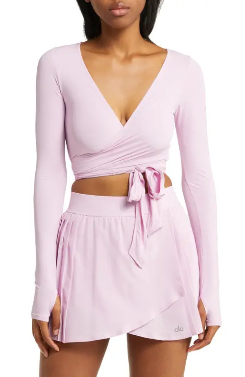 Alo Escalate Long Sleeve Wrap Crop Top in Sugarplum Pink at Nordstrom, Size Medium | Nordstrom