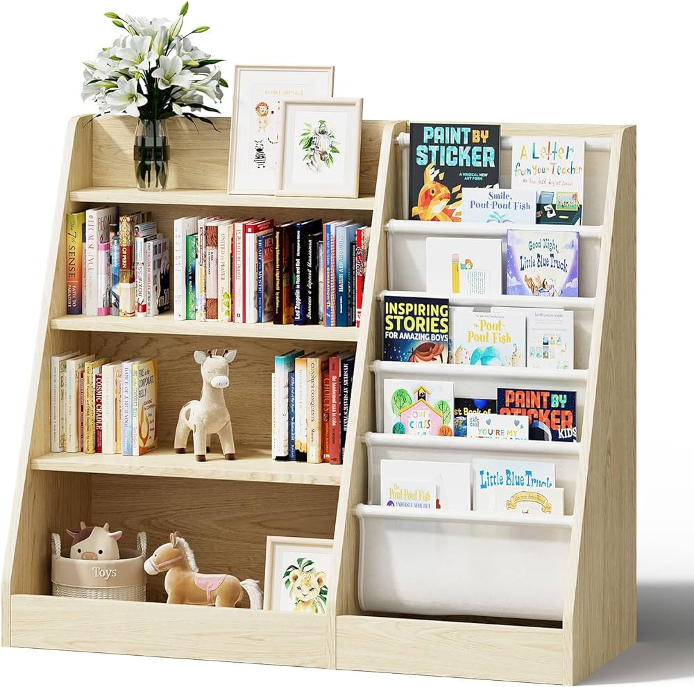 4 Tier Kids Wooden Bookshelf, Five Layer Sling Bookcase, Baby Storage Book Rack, Book and Toy Org... | Amazon (US)