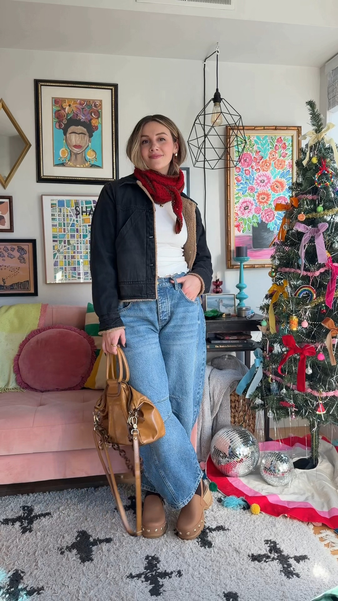 Winter outfit inspo with barrel jeans, clogs, and a neck scarf 
Jacket is old- linked similar vibes! I crocheted the scarf but linked the inspo 

Sizes-
Sized down one in jeans (26)
Small in long sleeve 
Clogs are tts 