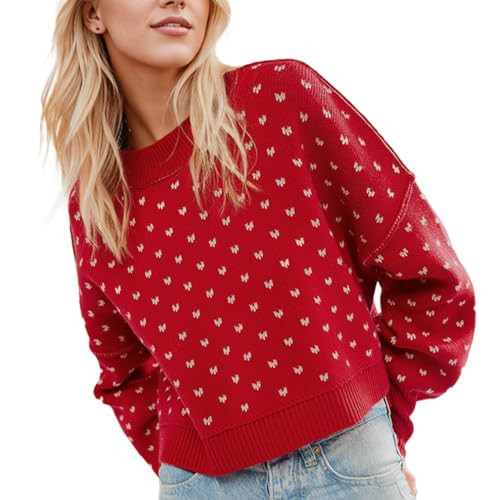 Women Crop Sexy Heart Pullover Knit Sexy Fashion Sweater Long Sleeve Sweatshirt Fall Winter Jumper Top Red | Amazon (US)