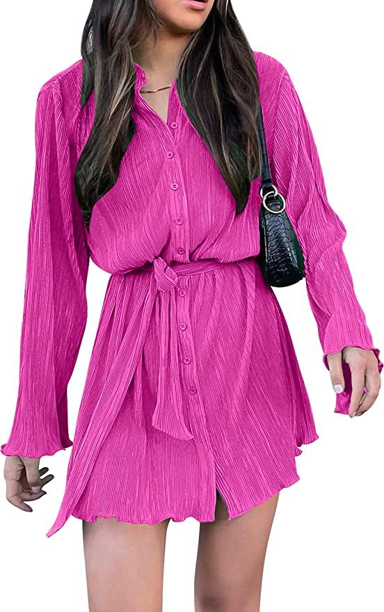 Kaximil Women's Fall Casual Long Sleeve Pleated Button Down Shirt Mini Dress with Belt, Large, Ro... | Amazon (US)