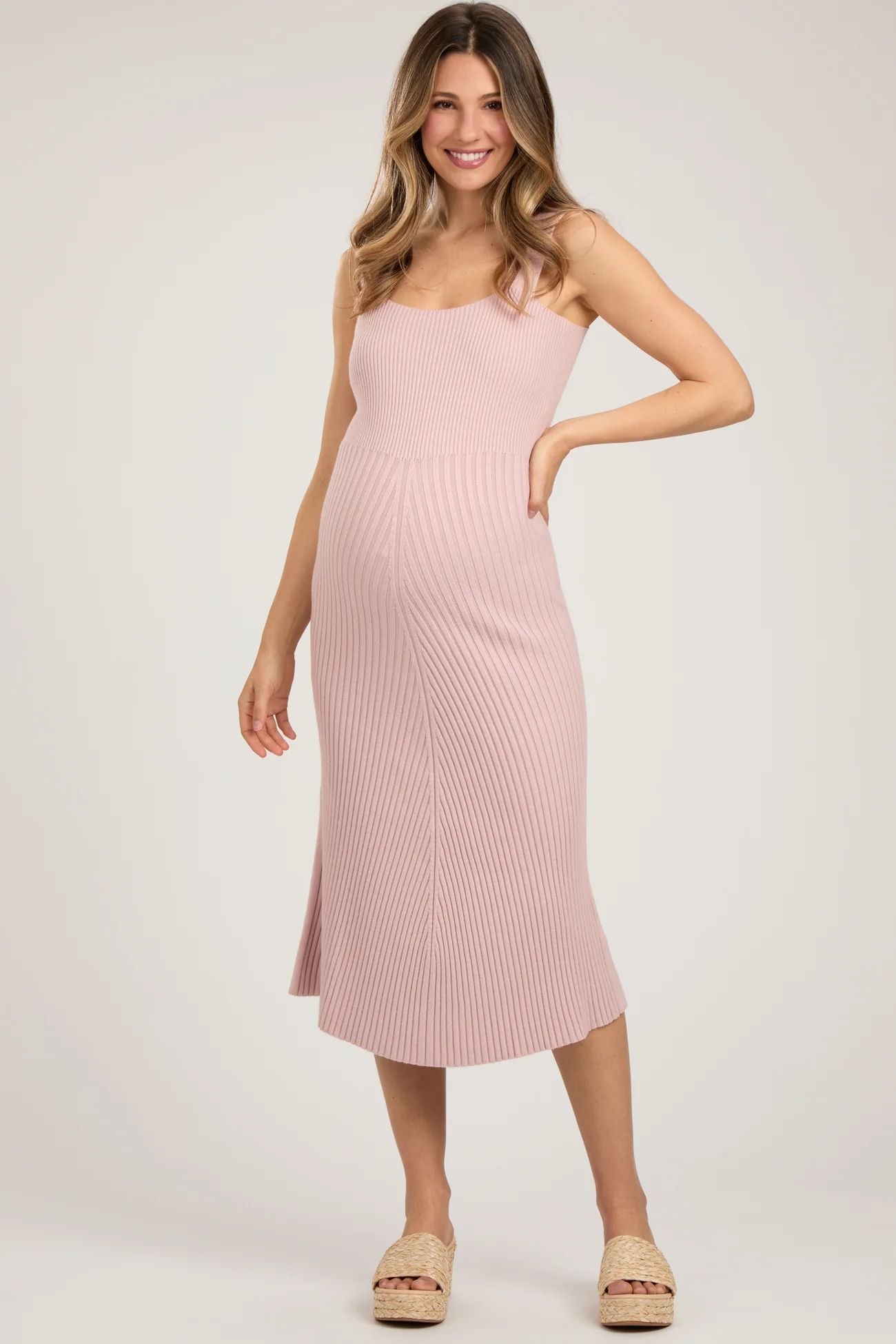 Light Pink Sweater Knit A-Line Maternity Midi Dress | PinkBlush Maternity