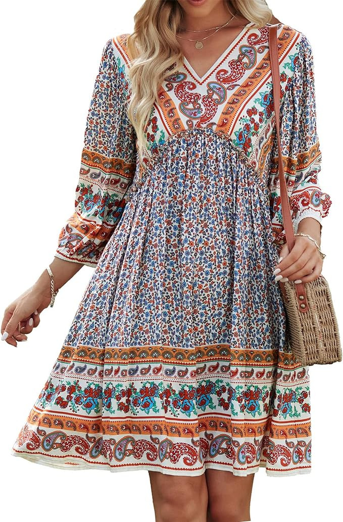 BTFBM Women Casual Spring Summer Dresses V Neck 3/4 Long Sleeve Ruffle Floral Flowy Boho Babydoll... | Amazon (US)