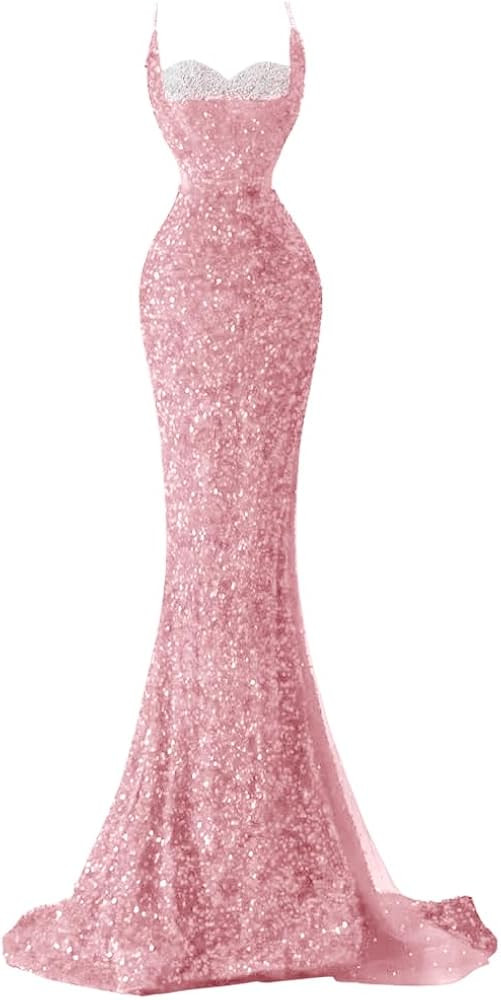 Sequin Mermaid Prom Dresses for Women 2025 Sparkly Spaghetti Strap Beaded Sweetheart Slit Long Ev... | Amazon (US)