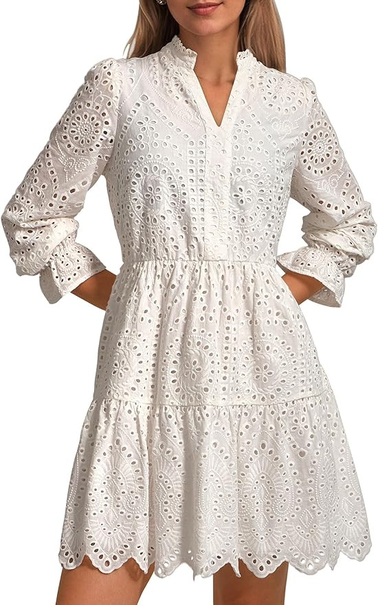 PRETTYGARDEN Women's Spring 2025 Long Puff Sleeve Mini Dress Hollow Out Lace V Neck A Line Ruffle... | Amazon (US)