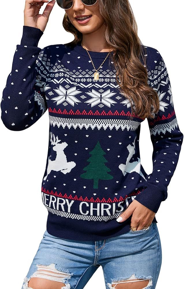 MISSKY Women's Long Sleeve Ugly Christmas Sweater Reindeer Knit Pullover Tops | Amazon (US)