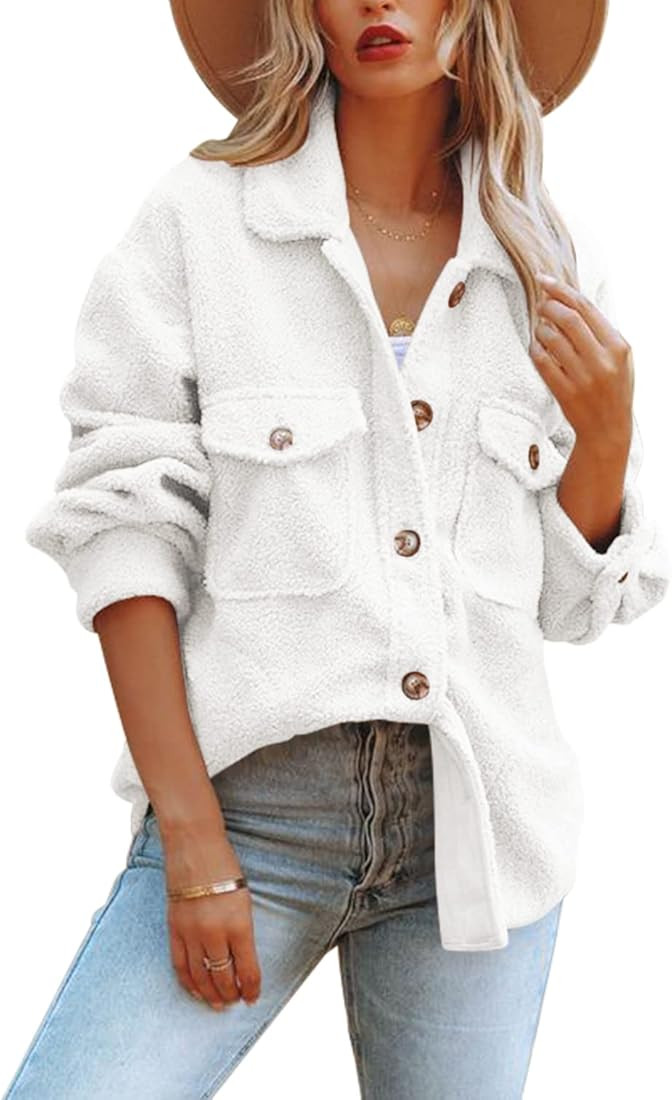 Nirovien Womens Oversized Fleece Jakcets Button Down Sherpa Shacket Fuzzy Coats Casual Warm Teddy Ou | Amazon (US)