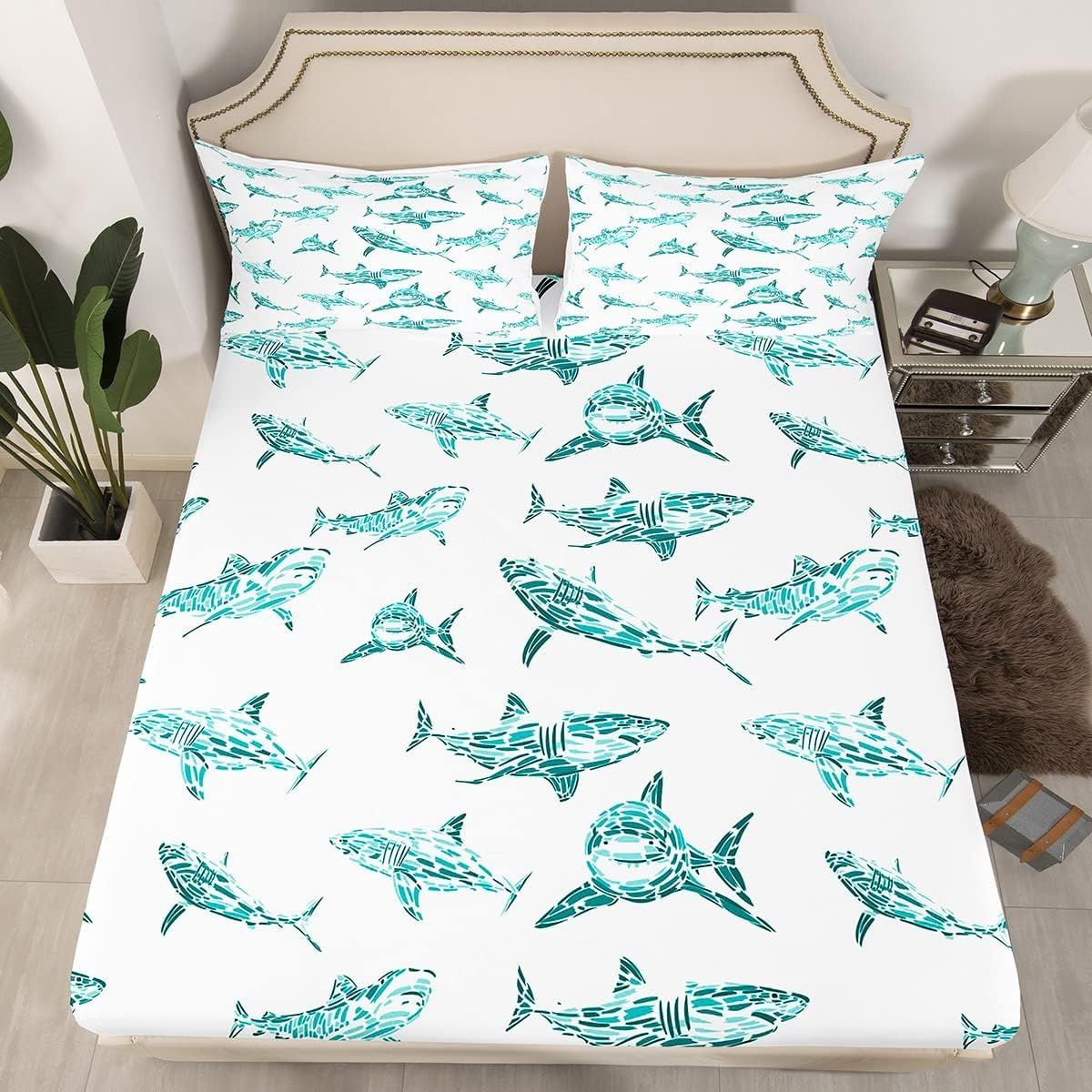 Erosebridal Shark Fitted Sheet Full Ocean Life Bed Sheets for Kids Boys Girls Teal Watercolor Han... | Amazon (US)