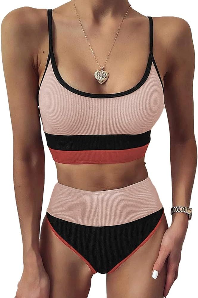 Dokotoo Womens Cute Color Block Ribbed High Waisted Two Piece Bikini Swimsuits | Amazon (US)